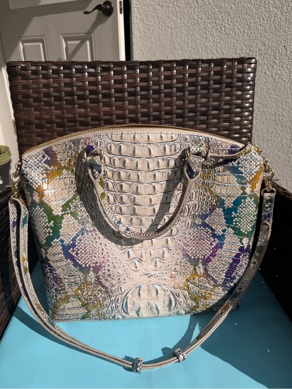 Brahmin Duxbury Satchel with multi-texture croc embossed and snake print finish